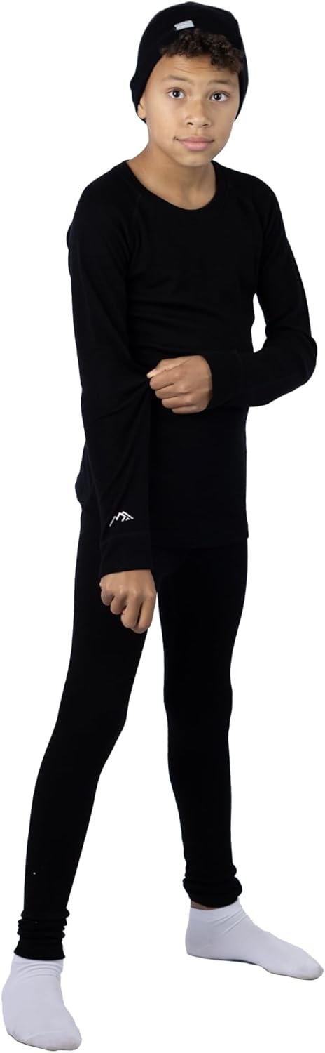Merino Wool Base Layer Kids Set - Midweight Unisex Merino Wool Thermal Underwear For Kids Top, Bottom, Cuff Beanie - Image 3