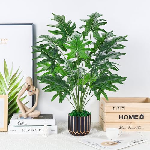 Image of Der Rose 28 inch Artificial Plants Indoor, Philodendron Plant in Black Gold Pot