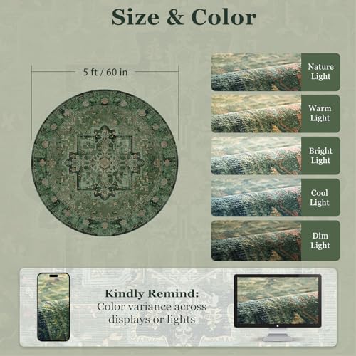 Image of Green Round Washable Rugs 5ft, Vintage Medallion 5 Feet Circle Rug for Living Room Under Coffee Table, Low Pile Thin Non Slip 5x5 Round Area Rug Carpet for Dining Room /Bedroom /Entry