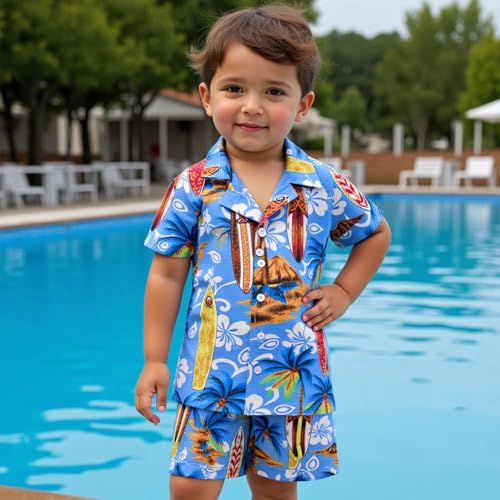 Image of Little Bitty Toddler Boys Hawaiian Shirt & Short Set Beach Shirts for Kids Printed Casual Outfit 2 Piece Clothes with Pockets