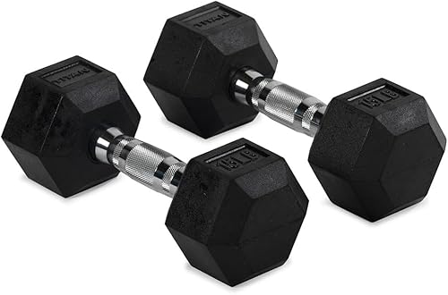 Titan Fitness Par de mancuernas hexagonales con revestimiento de goma de 15 libras, pesas hexagonales resistentes al rollo, asas cromadas con