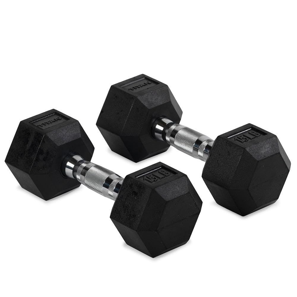 Titan Fitness 15 LB Pair Rubber Coated Hex Dumbbells, Roll-Resistant Hexagonal Free Weights, Chrome-Coated Handles with Knurling, Strength Training Equipment