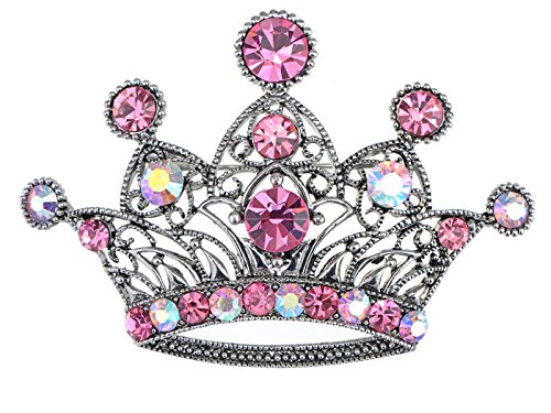Alilang Silvery Tone Sparkly Aurora Borealis Pink Crystal Rhinestones Princess Queen Crown Brooch Pin Pendent