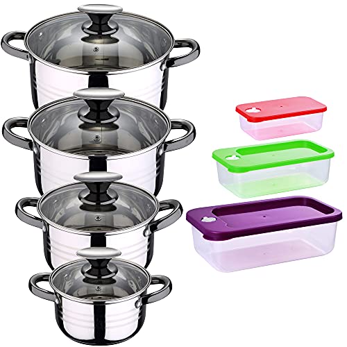 Bateria De Cocina 8 Piezas Apta Para Induccion San Ignacio Hita En Acero Inoxidable Con Set De 3 Fiambreras Hermeticas De Plastico Jolie