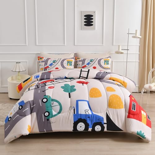 Decoreagy Kids Twin Comforter Set 4 Pcs Bed in a Bag,Soft Microfiber Beige Bedding Set for Girls Boys,Lightweight Monster Truck Pattern Comforter with Sheet Sets,All Season Bed Set(Beige,68