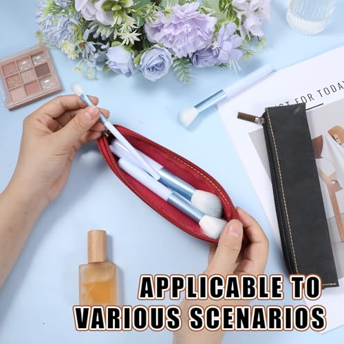 Image of Psyqtsuary Leather Pencil Case, 2 Pcs Slim Small Pencil Pouch Portable Flat Pen Pouch with Zipper Simple Makeup Bag Lipstick Case for Women Men Home, Office, Travel Outdoor (Black, Claret)