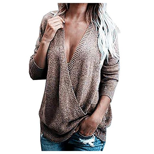 Camiseta de Manga Larga con Cuello en V para Mujer Jerseys de suéter Camisetas de Punto Suelta Delantera con Cierre Blusas de Fiesta