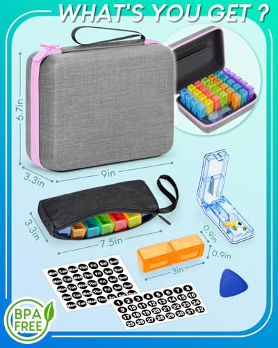 Image of Monthly Pill Organizer 2 Times a Day with Weekly Pill Bags, Portable Hard Shell Case, Pill Cutter & Opener Pick, Monthly and Weekly Stickers for Medication Management (Purple, 2 Times a Day)