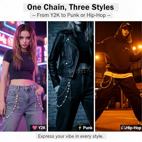 Image of Y2K Pearl Pants Chain Streetwear Jewelry- Unisex Layered Wallet Chain with Heart Cross Pendant, Punk Aesthetic Jeans Keychain Accessory for Men Women