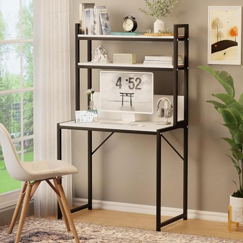 Image of Lukzer 3-Layer Standing Computer Desk with Built-in Bookshelves & Storage Units | Engineered Wood & Metal Study Table for Home, Office, Students (MST-006 / Black & White / 147x84x50cm)