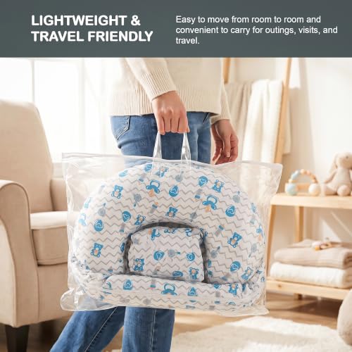 Image of BAYBEE Feeding Pillow for New Born Baby with Foldable Breastfeeding Cover | Feeding Cover for Nursing Mom with Adjustable Velcro & Back Support | Nursing Pillow with Removable & Washable (White Blue)