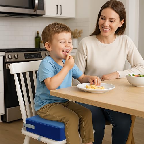 Image of Eiury Booster Seat for Kitchen Chair, Toddler Booster Seat for Dining Table, Waterproof PU Leather Kids Seat Cushion with Adjustable Straps, Non-Slip Bottom, Wipeable Seat Pad,Dark Blue