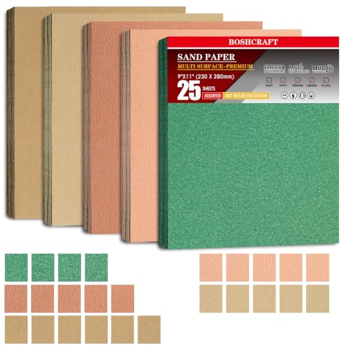 BOSHCRAFT 25 PCS Sandpaper Assortment, 9' x 11' Sand Paper for Wood Metal Hand Sander – 5 Sheets Each of 80/120/150/220/