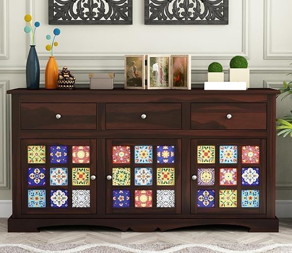 Image of Solid Sheesham Wood Cabinet Sideboard Wooden Chest of Drawer with 3 Drawers and 3-Door Storage for Living Room (Joe)