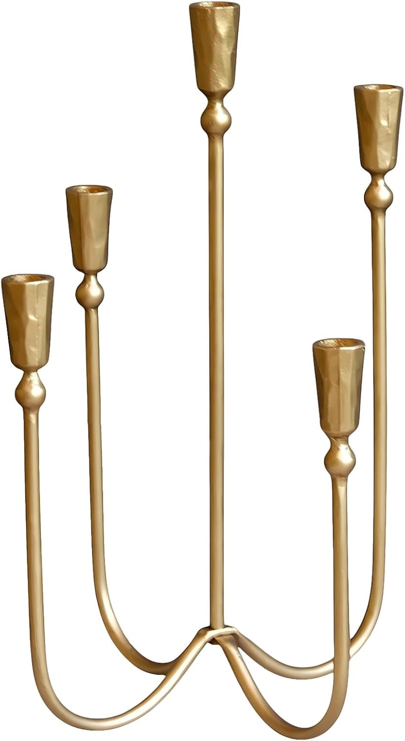 Decorative Metal Candle Holder, 5-Candle Iron Tabletop Candelabra, 17.7 in Vintage Gold Candlestick Holder, French Dining Centerpiece, Home Decor