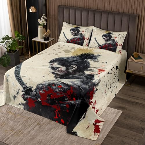 jejeloiu Kids Samurai Coverlet Set King Size, Warrior Bushido Quilted Coverlet Japanese Samurai Bedspread Boys Girls Swordsmen Teens Bedroom Decor 3Pcs