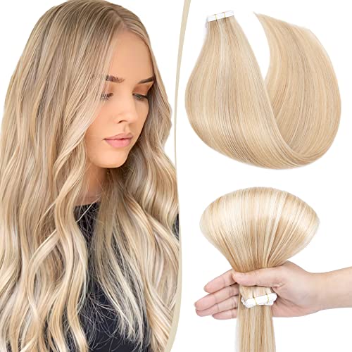 18 inch SEGO Tape in Hair Extensions 10PCS Brown 100% Real Remy Human Hair Extension Straight Skin Weft Seamless (#18/613 Ash Blonde&Bleach Blonde,25g)