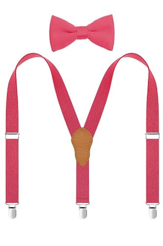 JRHEJTFZ Suspenders and Bow Tie for Boys Adjustable with Metal Clips Hot Pink 30"