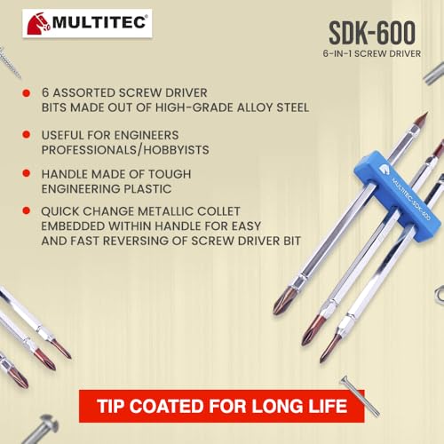 Image of MULTITEC 6-in-1 Multibit Reversible Screwdriver Set | Electrician Tool Kit with PH0, PH1 & PH2 Alloy Steel Bits | Quick Change Handle | Heavy Duty Electrical Repair & Maintenance Tool | Made in India