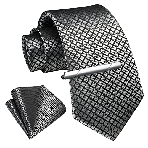 Image of Enlision Ties for Men Plaid Stripe Tie Handkerchief Woven Classic Formal Necktie Pocket Square Clip Set