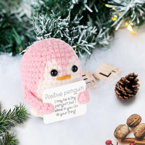Image of Zibuyu Handmade Crochet Penguin Desk Decor with Positive Message Card Cute Motivational Crochet Toys Gift for Office Home Baby Nursery, Pink