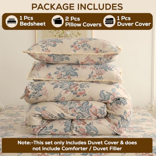 Image of Story@Home King Size Bedcover Set | 400 TC Microfiber Bedding Set with 1 Duvet Cover 1 King Bedsheet 270 x 250 cm & 2 Pillow Covers | Soft Durable Duvet Cover Set Floral Pattern | Beige Blue