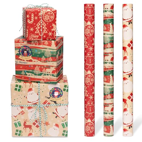 Toptime Geschenkpapier Weihnachten 3 Rollen, 300x43cm Geschenkpapier Kraftpapier Rolle mit Aufkleber 10m Hanfseil, Vintage Weihnachtsgeschenkpapier Set mit Santa Claus Elch Muster für Feiertage Partys