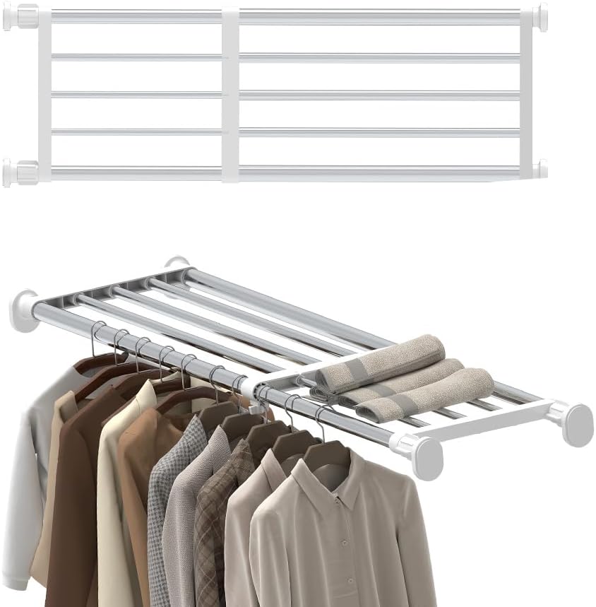 Hershii Tension Shelf Expandable Rod Closet System Heavy Duty Clothes Hanger Adjustable DIY Storage Organizer Freestanding Partitions Shoe Rack 23.62 - 31.49 inches Ivory