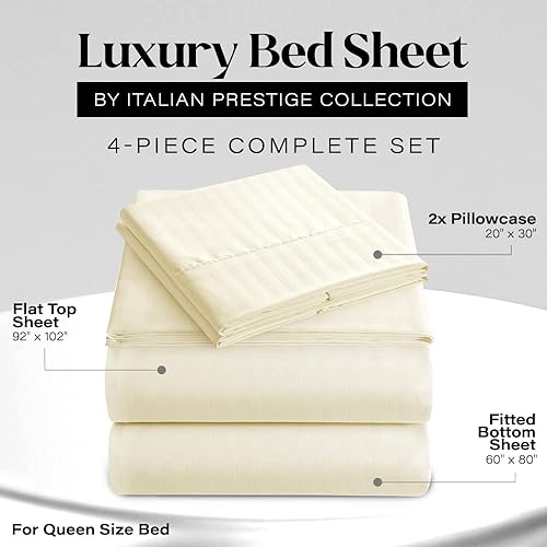 Miniatura 2 de Juego de sábanas Queen Sábanas de 4 piezas a rayas tamaño Queen Juego de sábanas de bolsillo profundo suave y refrescante Ropa de cama de
