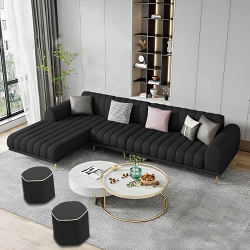 Image of Casaliving Herrick LHS 6 Seater L Shape Sofa Set with 2 Puffy for Living Room (Black) Premium Velvet Fabric Sofa
