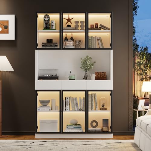 LAKFEW Vitrina con LED y Almacenaje, Vitrina Expositora con 6 Puertas y 3 Cajones, Muebles de Salon Vitrinas Expositoras, Vitrinas para Salon Aparadores, 120x36x200 cm, Blanco