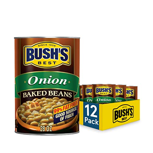 Image of Bush's Best Canned Onion Baked Beans (Pack of 12), Source of Plant Based Protein and Fiber, Low Fat, Gluten Free, 28 oz