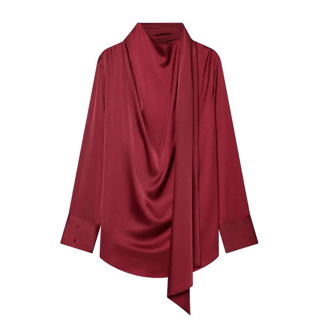 Blusa de satén para mujer, cuello bufanda, manga larga, camisa de oficina