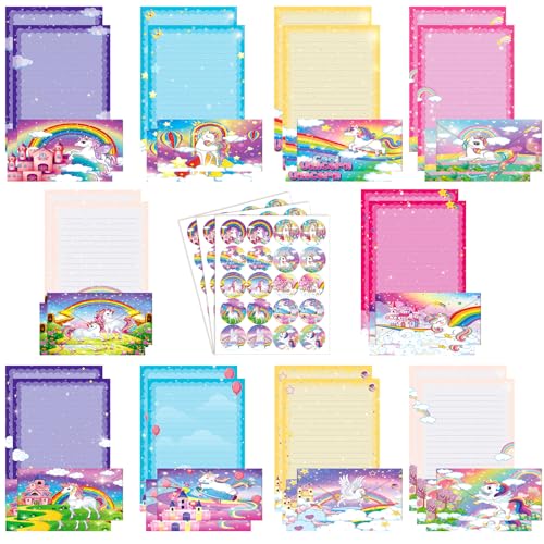 Image of TaoBary 160 Pcs Stationery Paper Set 50 Double Sided Stationery Papers with 50 Matching Envelopes and 60 Round Dot Sticker, 10 Design(Unicorn,8.5 x 11 Inch)