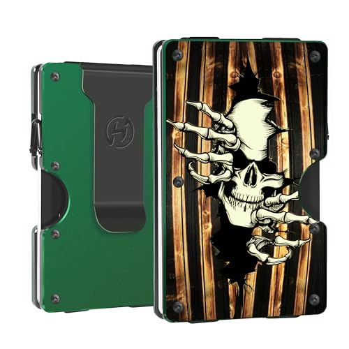 Image of Men Minimalist Metal Wallet | Wooden Skull | Slim Engraved Aluminum Credit Card Holder | Personalized RFID Blocking EDC Tactical Wallets | Mini Front Pocket