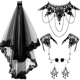 Ferreve 6 Pcs Black Lace Veil Gothic Choker Set Black Lace Necklace with Bracelet Earring Set Halloween Veil with Comb Halloween Goth Jewelry Set for Women Halloween Dress