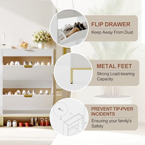 GarveeHome Fluted Shoe Cabinet with 2 Flip Drawers, a Drawer, a Hook, Modern Narrow Shoe Storage, Farmhouse Wooden Shoe Organizer with Metal Legs, Closed Shoe Racks for Entryway, White