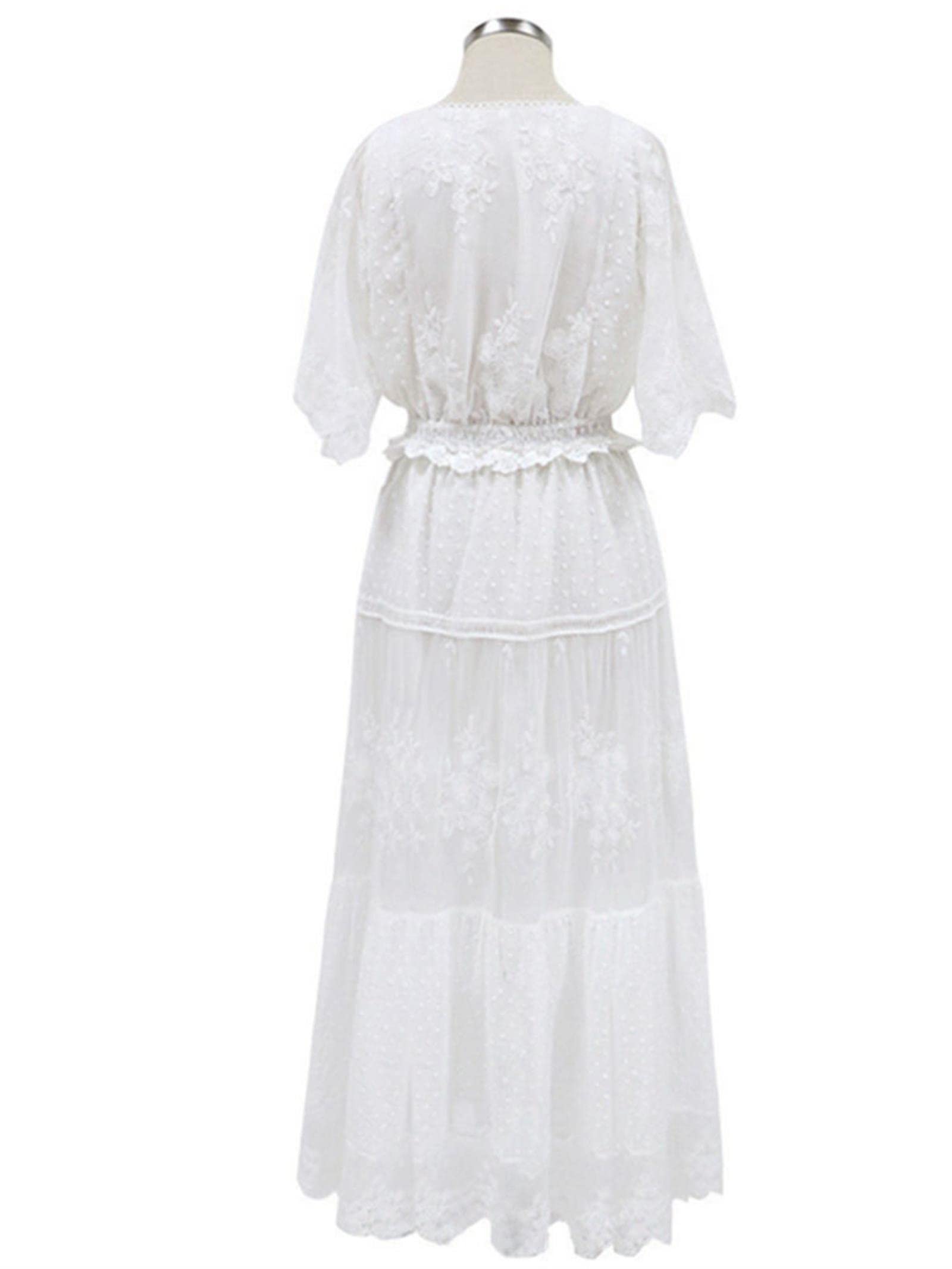 Évider Robe Blanche Femmes Sexy Dentelle Robe Longue Croix Semi-Transparente Plongeant Col V Manches Courtes Dentelle Maxi Robe-Blanc,S