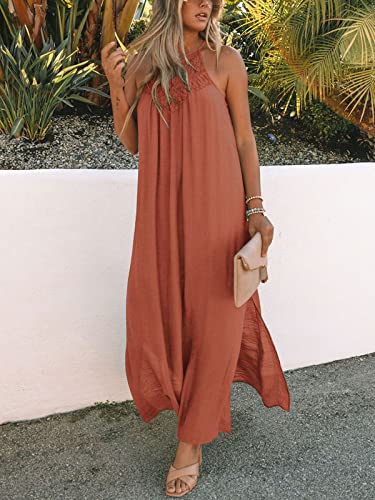 Image of FARORO Sleeveless Long Dress for Women Boho Halter Maxi Sundress Casual Loose Dresses Split Cover Up Gown with Pockets