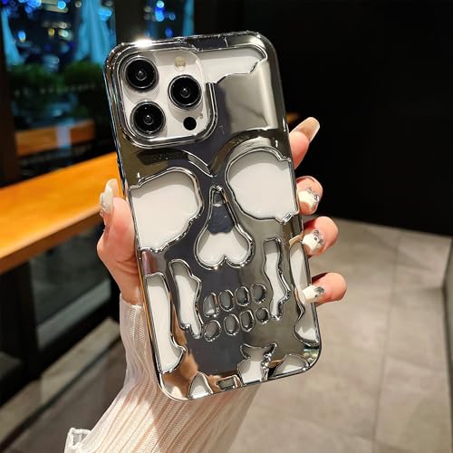 Image of Kraptick Polycarbonate iPhone 16 Pro Case - Electroplated Skull Face Design Mobile Cover, Stylish & Durable Phone Cover, Lightweight Protective Fit for Apple iPhone 16 Pro -(Silver)