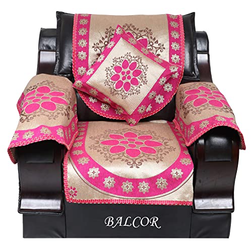 Image of Cotton 12 PCs DECAN Design Sofa Cover with Handle Cover Set of 5 Seater(3+1+1+6), Cushion Cover 16 * 16 Set of 5 PC, Total 17 PCs Set-Pink
