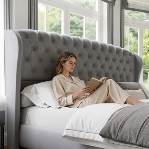 Image of AMERLIFE Full /Queen Headboard Only, Velvet Upholstered Wingback, Grey