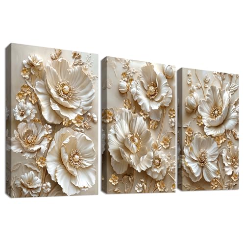 3Pcs Cadre en Bois Impression sur Toile Fleurs de Pivoines 3D Or Abricot de Luxe Tableau Image sur Toile Poster Camée Floral Peinture Tableau Decoration...
