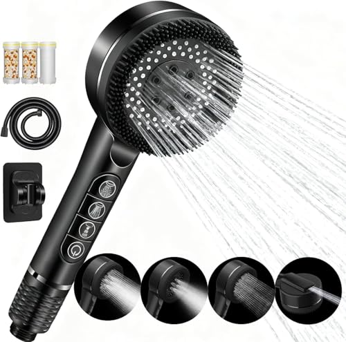 Duschkopf mit Filter Hochdruck Handbrause mit Filtration in 8 Schichten mit 1.5M Brauseschlauch und Ständer 4 Strahlarten-Duschbrause mit Stoppfunktion für Hartes Wasser/Rest-Chlor Schwarz