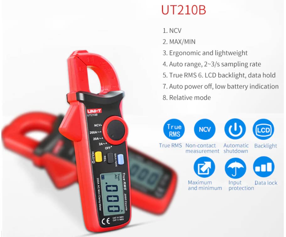 UNI-T Uni-Trend Multimeter clamp Meter Digital clamp Meter UT210A/B/C/UT210D/UT210E True RMS Multimeter Capacitor Frequency Resistance Tester Voltmeter Current Clamps(UT210B)