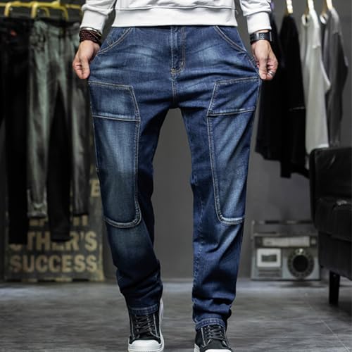 Mens Loose Fit Washed Jeans Vintage Straight Leg Denim Pants with Flap Pocket 28-442