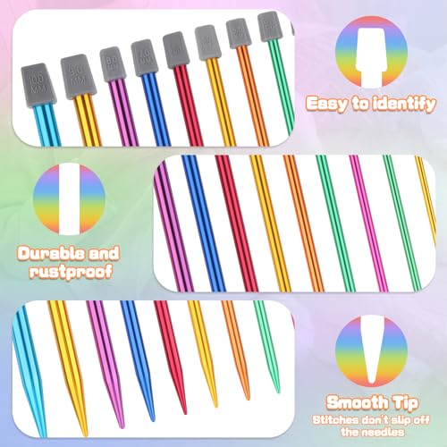 Reessy Coloured Knitting Needles Set-35cm Long, 28 Pcs/14 Pair 2 mm-10 mm Aluminium Single Pointed Needle, Long Knitting Needles, Straight Metal Knitting Needle with Soft Storage Case for Beginners