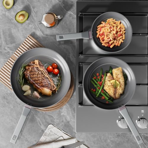 Sanho 8'' 10'' 12'' NonStick Frying Pan, Diamond-Titanium Ceramic Frying Pans Skillet, Non Stick Egg Pans with Stay Cool Handle for Induction, Dishwasher & Oven Safe, PTFE & PFOA Free, Non Toxic - Image 4