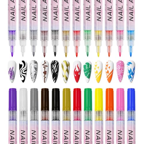 J NewJayson 12 Colors Nail Art Pens Set, 0.7 MM Drawing Painting Dotting Point Liner Nail Polish Pens Nail Art Markers for DIY Nail Art Beauty Manicure Tools