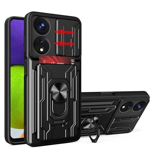 carinacoco Case for Oppo A78 5G, with Slide Camera Cover+Rotating Finger Ring Stand+Removable Card Holder Anti-Scratch Military Grade Shockproof Rugged Hard Armour Cover, Black